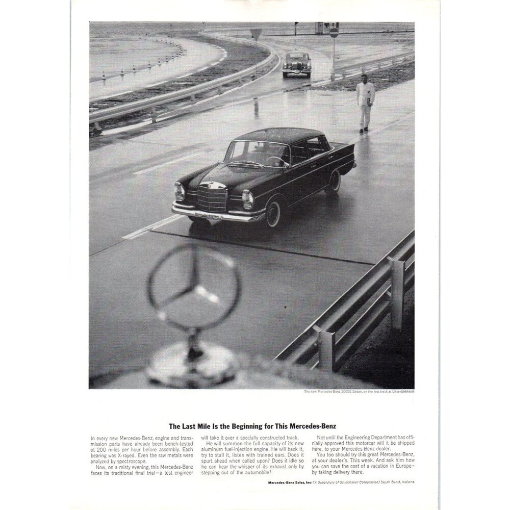 1964 Mercedes Benz 300SE Sedan Vintage Print Ad Unterturkheim in Rain Wall Art